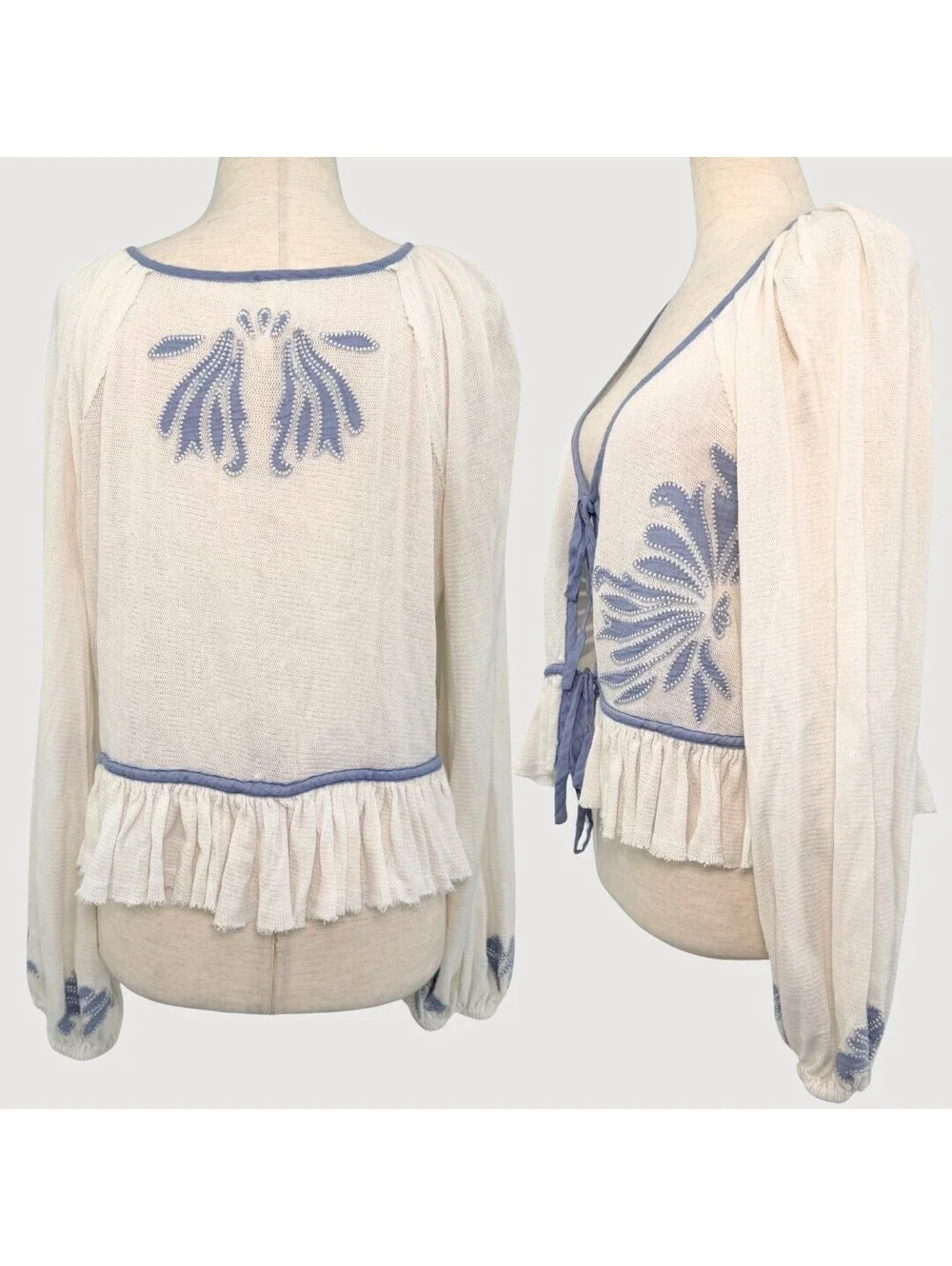 Free People Lookout Tie Front Embroidered Top Ivory Blue L